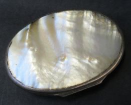 An Antique white metal oval snuff box, set with mother of pearl, width 3ins