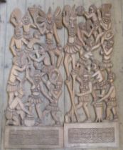 J O Apeikhena, two carved panels, figures, each panel 46ins x 16.5ins