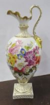 A 19th century Derby porcelain ewer, decorated with flowers, on square base, height 11.5ins