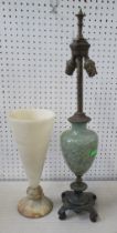 A glass and metal table lamp base, height 24ins, together with an alabaster style lamp, height