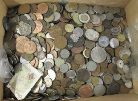 A box of assorted coinage, together with other items