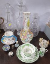 Three glass decanters, together with a collection of porcelain