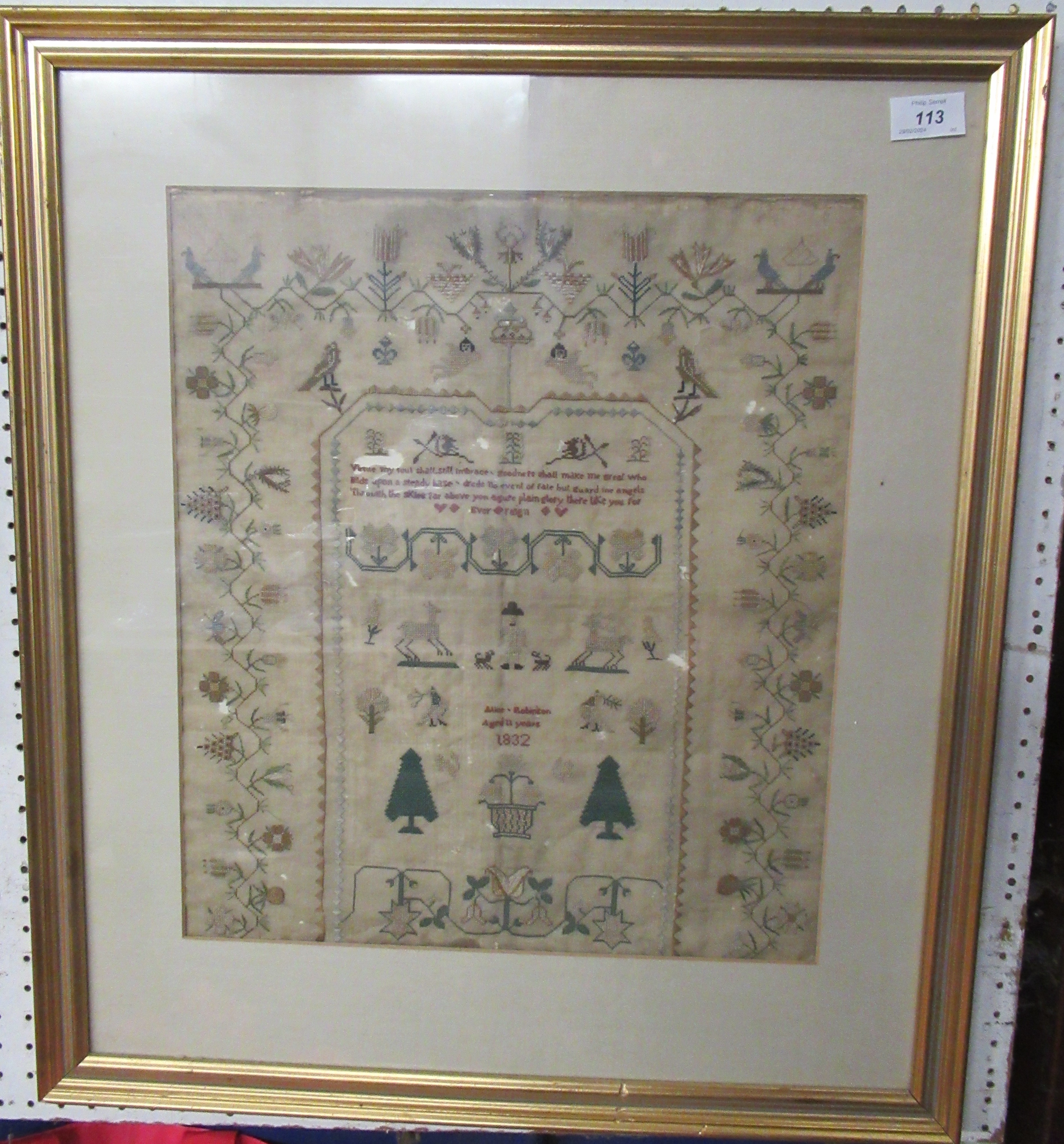 A 19th century tapestry sampler, Alice Robinson Aged 11 years 1832, 17ins x 14.5ins