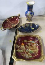 A Carlton Ware Rouge Royale dish, together with a Carlton Ware vase, height 8.25ins and two Crown