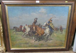 Viski, oil on canvas, figure on horseback herding horses, 23ins x 30ins
