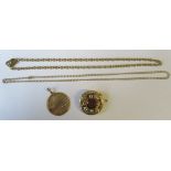 Two 9ct link chains, together with a 9ct gold pendant, weight 33g and a Victorian brooch set with