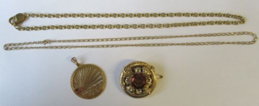 Two 9ct link chains, together with a 9ct gold pendant, weight 33g and a Victorian brooch set with