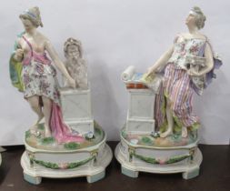 A pair of 19th century German porcelain figures, a woman sculpting and a woman architect, on oval