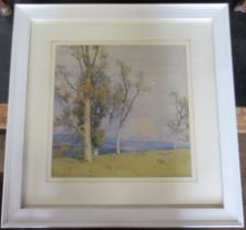 M.S Hagarty, watercolour, sheep in a field with trees, 15.5ins x 15.5ins