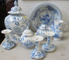 A collection of 20th century blue and white pieces, to include candlesticks, tea pot etc, all