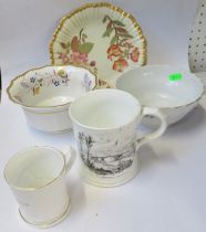 A Royal Worcester plate, decorated flowers, together with a Barr Worcester bowl, a mug printed