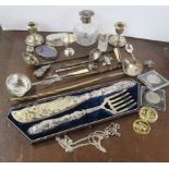 A collection of silver and other items, to include Antique whale bone handled toddy ladles, scent