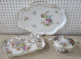 A Dresden inkstand, together with a dressing table tray and a covered two handled bowl