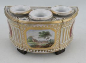 An 18th century porcelain Derby bough pot, painted with a landscape to the centre and winged cherubs