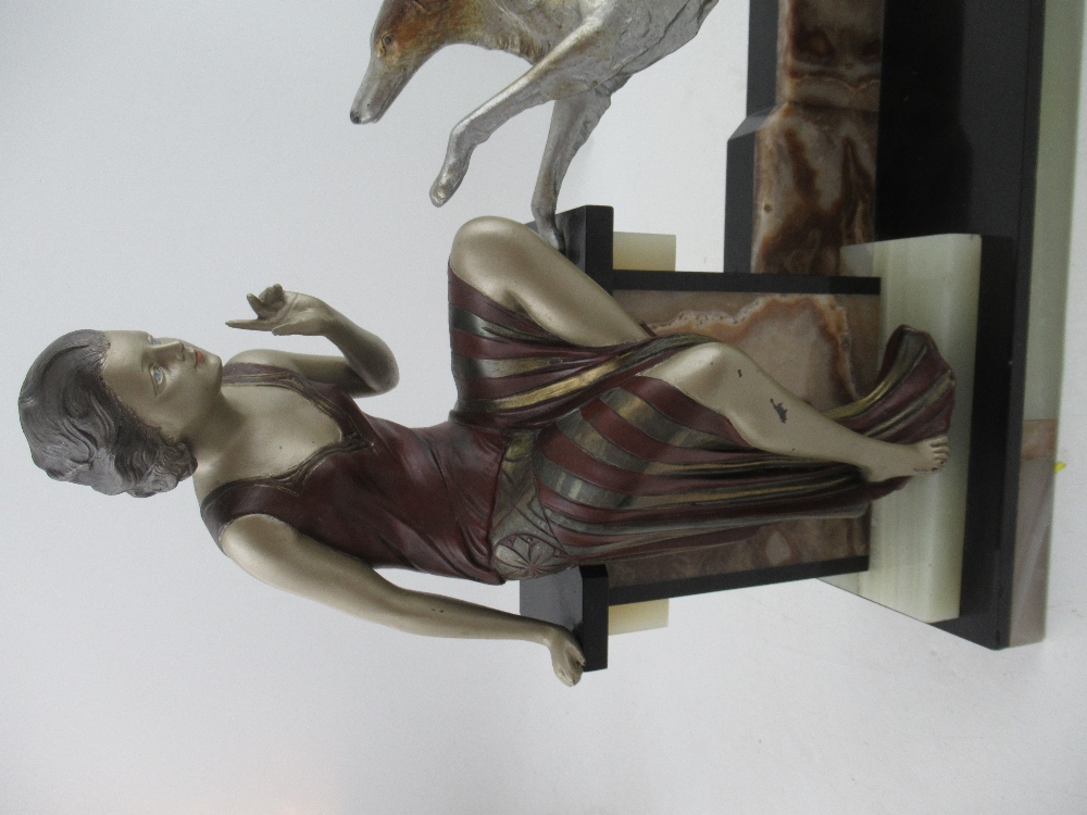 A large Art Deco model, of a lady and dog, on an onyx and marble base, width 17ins, height 17ins - Image 2 of 6
