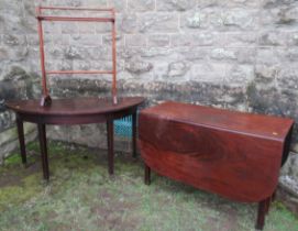 A 19th century mahogany drop leaf table, together with a D end table and a towel rail