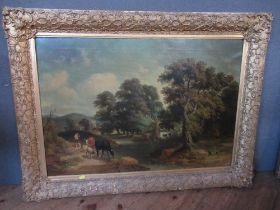 A large pair of 19th century school oil on canvases, figures in a landscape with cattle and