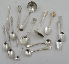 A collection of silver and silver plated spoons, including Georgian silver tea spoons, sifters,