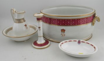 A George Grangers and Royal Worcester part toilet set, comprising a foot bath, a jug, a bowl and a