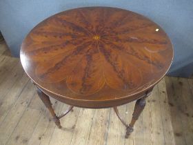 A good Victorian Mahogany boxwood and ebony circular center table raised on turned legs , united