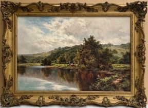 Henry H Parker, oil on canvas, river scene near Dorking Surrey, signed, 20ins x 30ins