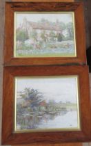 M Forrester Wood, two needlework pictures, a cottage and a landscape with water, 11ins x 14ins