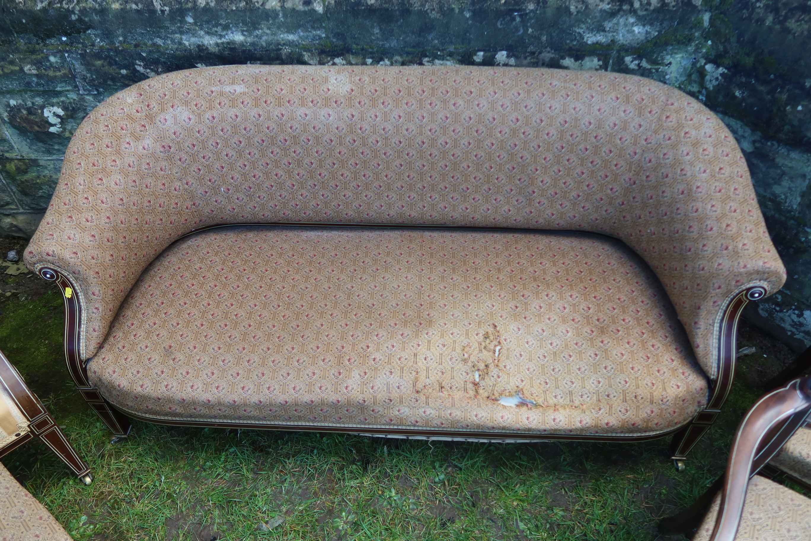 An Edwardian mahogany salon suite, with bone inlay, comprising two seat sofa, two arm chairs, two - Image 3 of 4