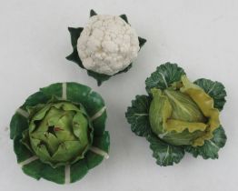 Three studio ceramic vegetable pots, comprising artichoke, a cauliflower and a green cabbage, all by