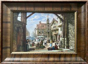 Louise J Rayner, watercolour, The Market Cross at Winchester with street vendors, signed, 10.5ins