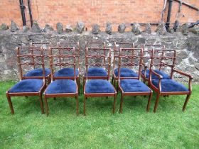 A set of ten rope back dining chairs, with brass stud line inlay and rosette pierced ladder back