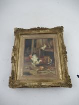 In the manner of Edgar Hunt, oil on panel, chickens etc in a farmyard scene, framed and glazed,