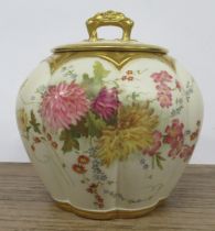A Royal Worcester gilded ivory covered cracker jar, decorated with flowers, shape No 1412, height