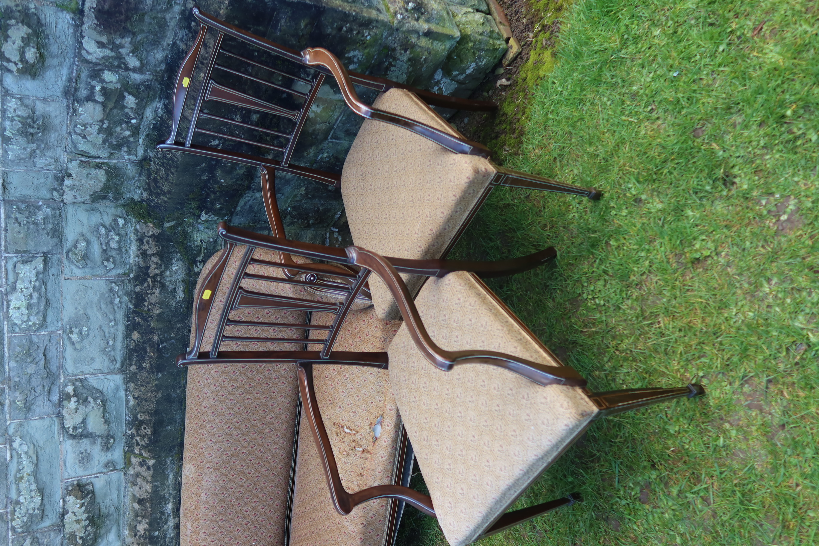 An Edwardian mahogany salon suite, with bone inlay, comprising two seat sofa, two arm chairs, two - Image 4 of 4