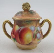 A Royal Worcester covered two handled sugar bowl, decorated with fruit by Roberts, height 2.25ins
