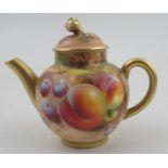 A Royal Worcester miniature tea pot, decorated with fruit by Roberts