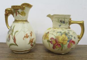 Two Royal Worcester gilt ivory jugs, decorated with flowers, shape No 1376, height 4.25ins and shape