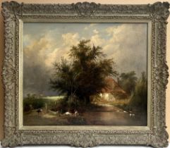 Henry John Boddington, oil on canvas, Children playing by a Mill pond, signed, 25ins x 30ins