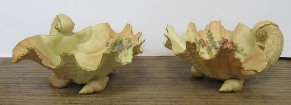 Two similar Royal Worcester shell dishes, in blushed ivory decorated with flowers, shape No. G971,