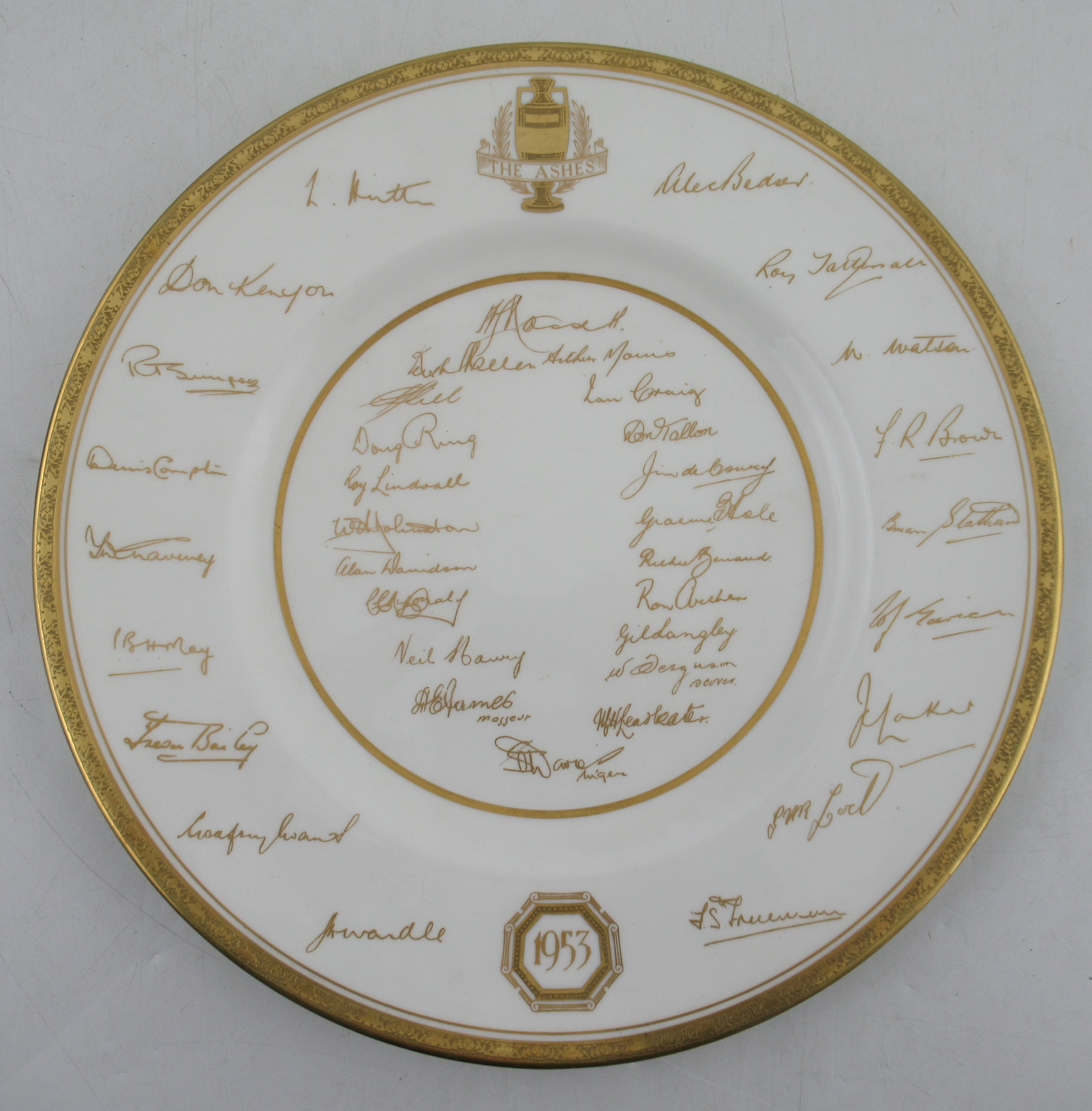 A Royal Worcester Ashes plate, with facsimile signature in gilt of the England and Australian