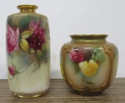 A Royal Worcester cylindrical vase, decorated with roses by Fildes, shape No 2597, height 5ins,