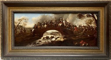 Attributed to Jacques Courtois, circa 1700, oil on canvas, battle scene over a bridge, unsigned