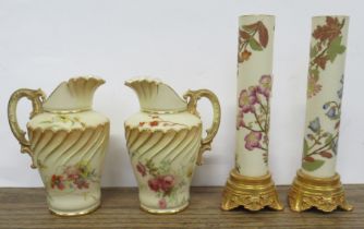 Two Royal Worcester jugs, decorated with flowers to a blush ivory ground, shape No 1562, height 5ins