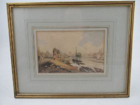 A 19th century watercolour, in the manner of Skelton, a continental river scene with buildings and
