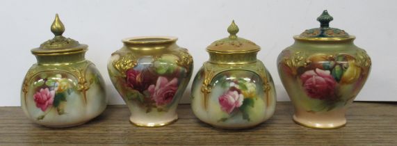 Four small Royal Worcester and Hadley vases, decorated with flowers and roses, three with associated