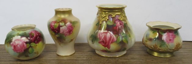 Four Royal Worcester vases, decorated with roses, height 4.5ins, 2.75ins and 2.5ins