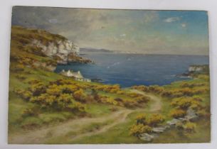 Alfed Oliver, oil on board, cottage on a cliff top overlooking a bay, 5ins x 7.5ins