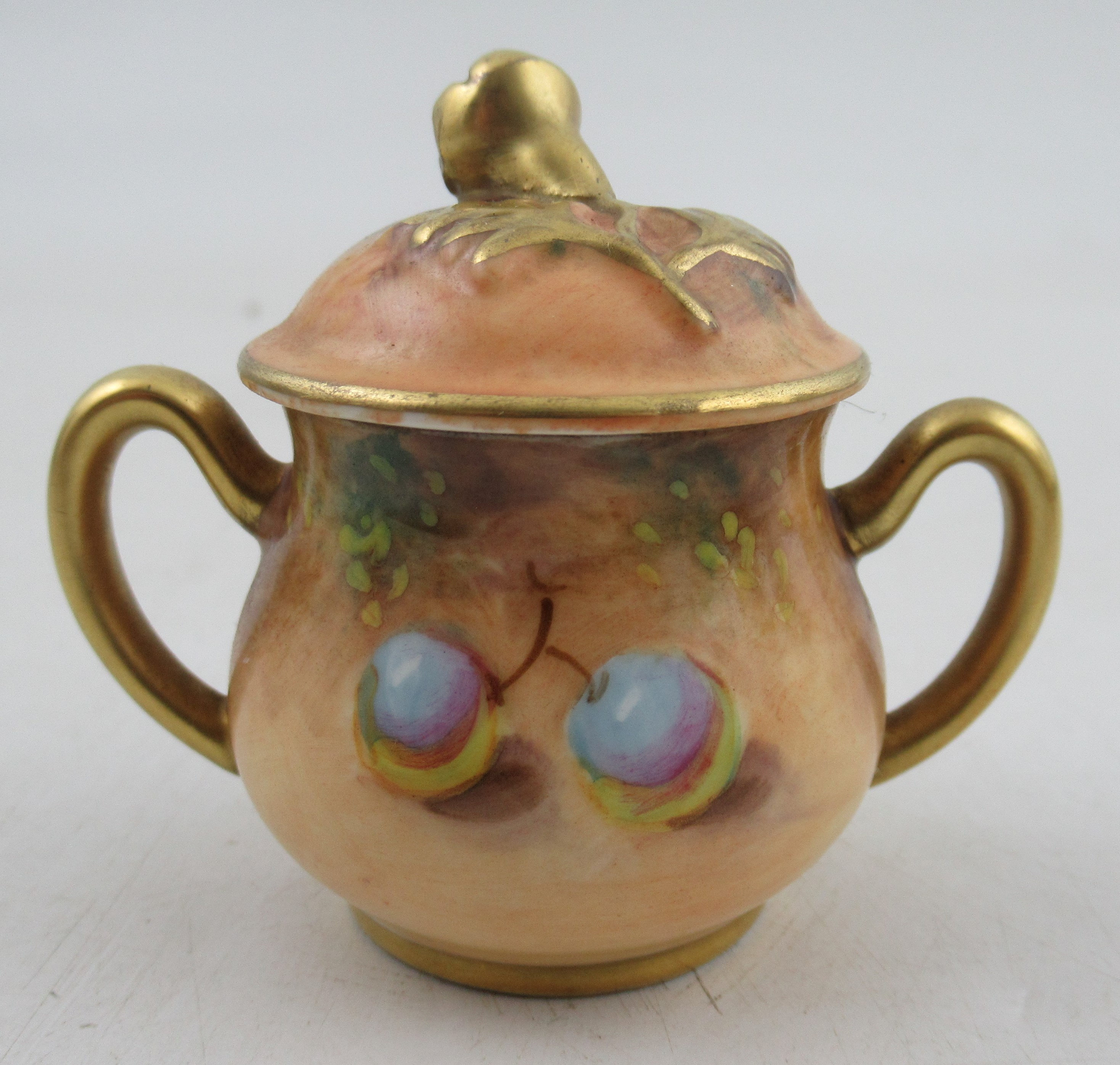 A Royal Worcester covered two handled sugar bowl, decorated with fruit by Roberts, height 2.25ins - Image 2 of 4