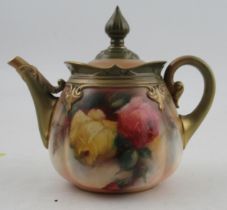 A Royal Worcester Hadley ware quarter lobed tea pot, decorated with roses, height 5.25ins  Condition