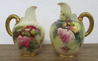 Two similar Royal Worcester flat back jugs, decorated with roses, shape No 1094, height 5.25ins