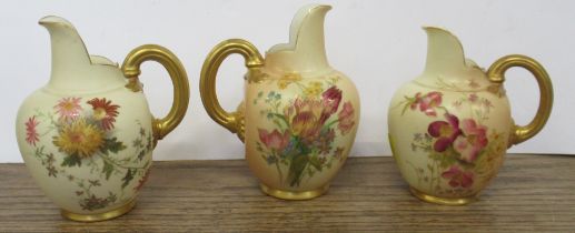 Three Royal Worcester blush and gilt ivory flat back jugs, shape No. 1094, height approx. 5ins